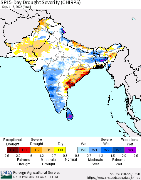 Southern Asia SPI 5-Day Drought Severity (CHIRPS) Thematic Map For 9/1/2022 - 9/5/2022