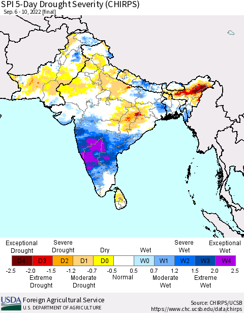 Southern Asia SPI 5-Day Drought Severity (CHIRPS) Thematic Map For 9/6/2022 - 9/10/2022