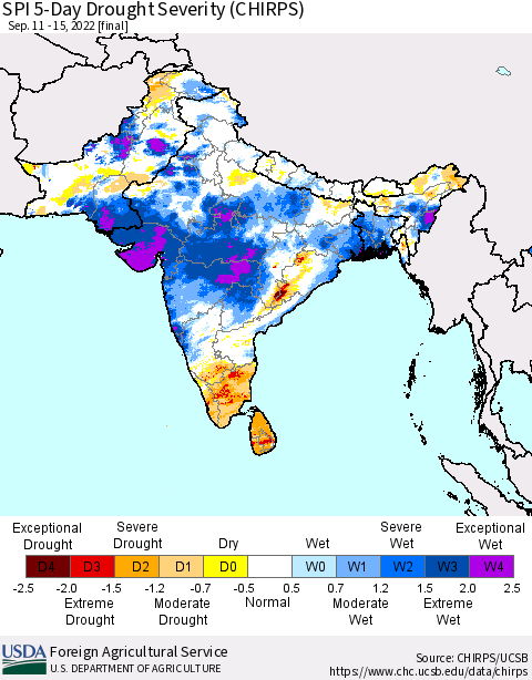 Southern Asia SPI 5-Day Drought Severity (CHIRPS) Thematic Map For 9/11/2022 - 9/15/2022