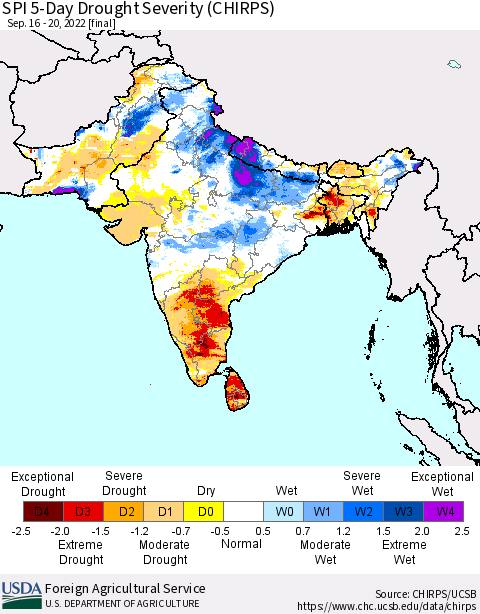 Southern Asia SPI 5-Day Drought Severity (CHIRPS) Thematic Map For 9/16/2022 - 9/20/2022