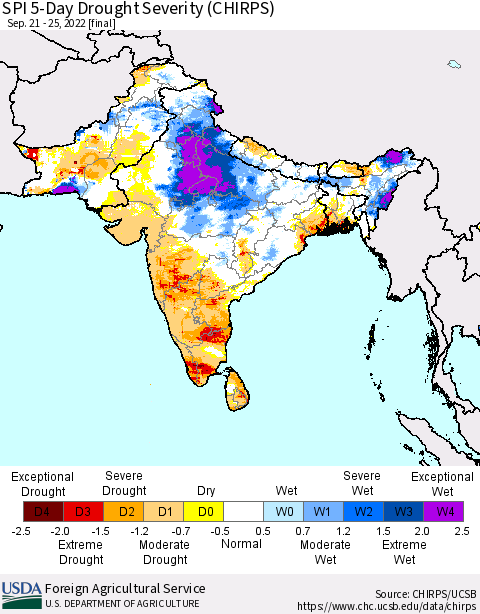 Southern Asia SPI 5-Day Drought Severity (CHIRPS) Thematic Map For 9/21/2022 - 9/25/2022