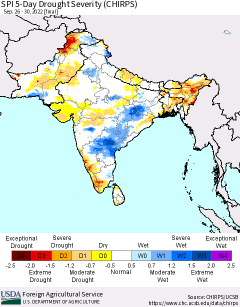 Southern Asia SPI 5-Day Drought Severity (CHIRPS) Thematic Map For 9/26/2022 - 9/30/2022