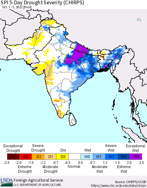Southern Asia SPI 5-Day Drought Severity (CHIRPS) Thematic Map For 10/1/2022 - 10/5/2022