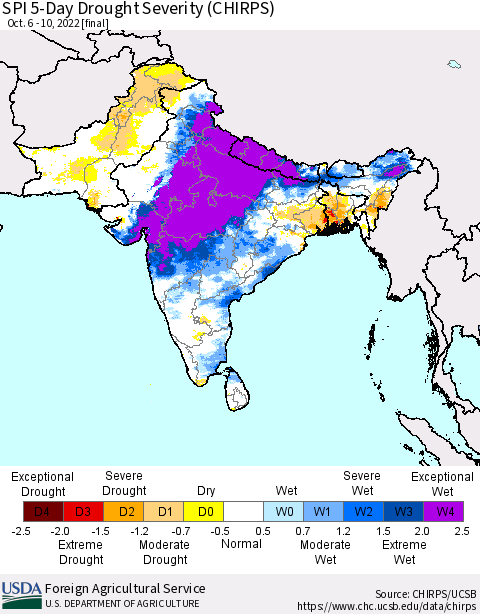Southern Asia SPI 5-Day Drought Severity (CHIRPS) Thematic Map For 10/6/2022 - 10/10/2022