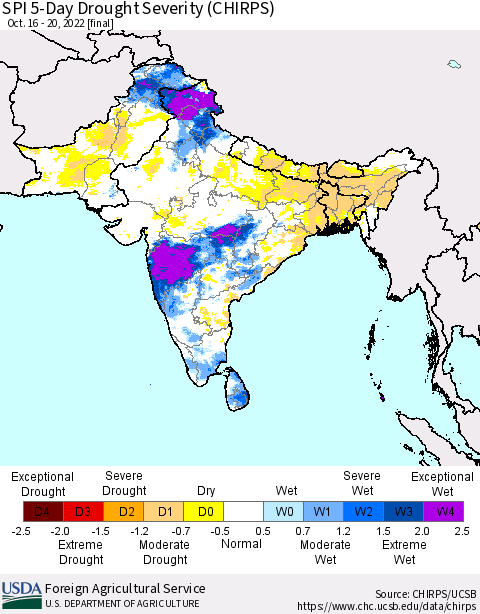 Southern Asia SPI 5-Day Drought Severity (CHIRPS) Thematic Map For 10/16/2022 - 10/20/2022