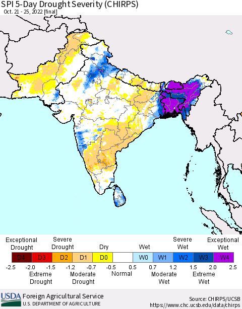Southern Asia SPI 5-Day Drought Severity (CHIRPS) Thematic Map For 10/21/2022 - 10/25/2022