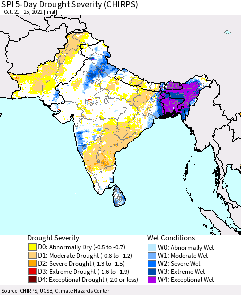 Southern Asia SPI 5-Day Drought Severity (CHIRPS) Thematic Map For 10/21/2022 - 10/25/2022