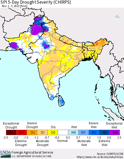 Southern Asia SPI 5-Day Drought Severity (CHIRPS) Thematic Map For 11/1/2022 - 11/5/2022