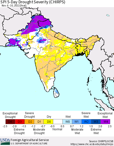Southern Asia SPI 5-Day Drought Severity (CHIRPS) Thematic Map For 11/6/2022 - 11/10/2022