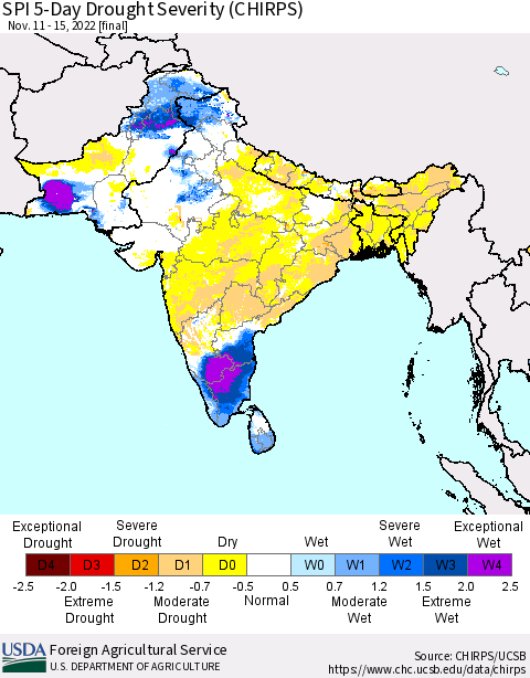 Southern Asia SPI 5-Day Drought Severity (CHIRPS) Thematic Map For 11/11/2022 - 11/15/2022
