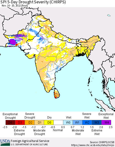 Southern Asia SPI 5-Day Drought Severity (CHIRPS) Thematic Map For 11/16/2022 - 11/20/2022