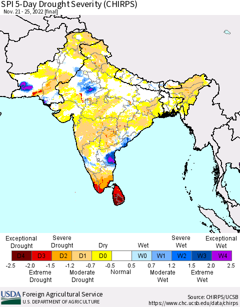 Southern Asia SPI 5-Day Drought Severity (CHIRPS) Thematic Map For 11/21/2022 - 11/25/2022