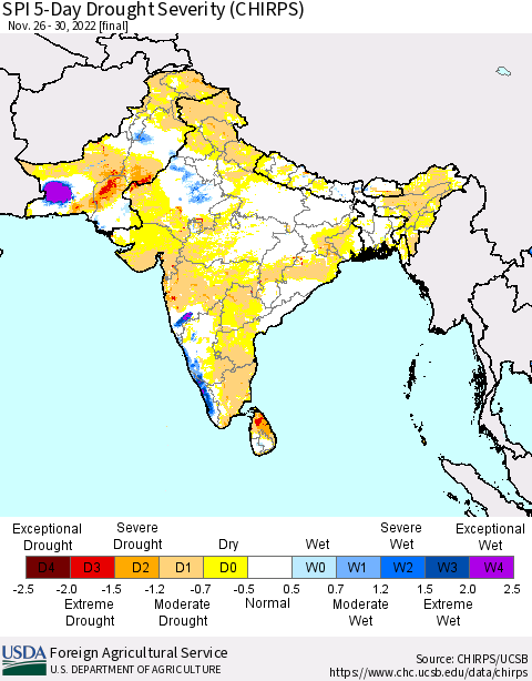 Southern Asia SPI 5-Day Drought Severity (CHIRPS) Thematic Map For 11/26/2022 - 11/30/2022