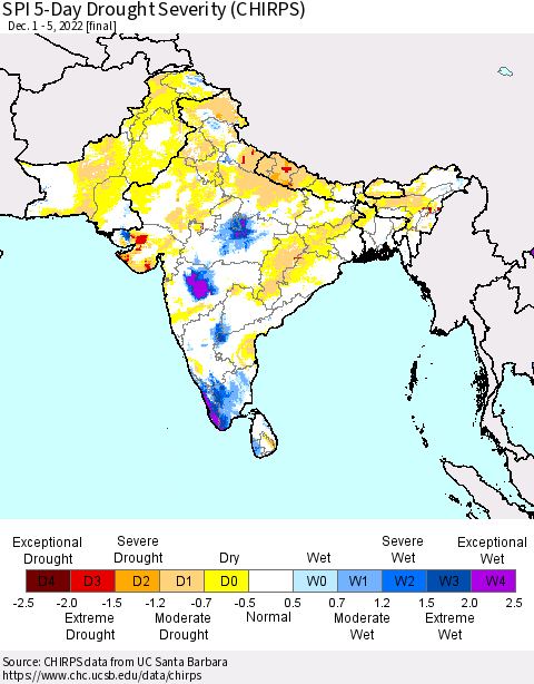Southern Asia SPI 5-Day Drought Severity (CHIRPS) Thematic Map For 12/1/2022 - 12/5/2022