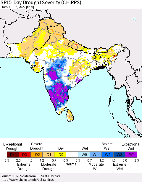 Southern Asia SPI 5-Day Drought Severity (CHIRPS) Thematic Map For 12/11/2022 - 12/15/2022