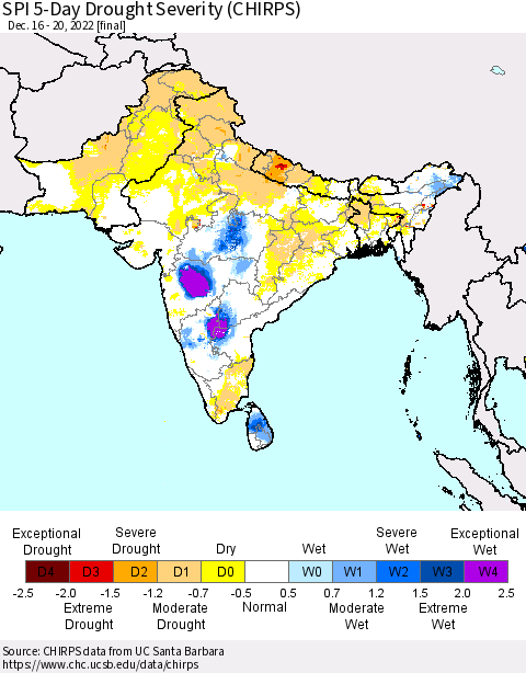 Southern Asia SPI 5-Day Drought Severity (CHIRPS) Thematic Map For 12/16/2022 - 12/20/2022