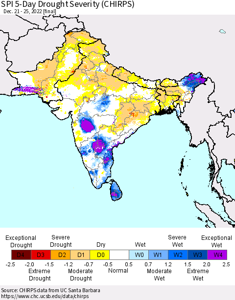 Southern Asia SPI 5-Day Drought Severity (CHIRPS) Thematic Map For 12/21/2022 - 12/25/2022