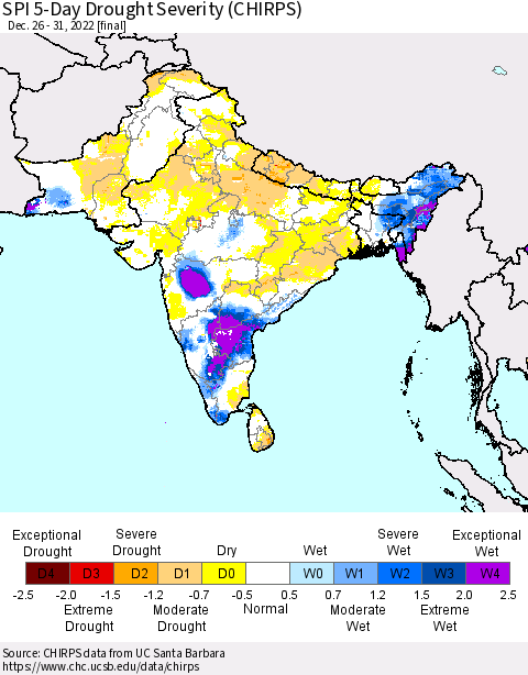 Southern Asia SPI 5-Day Drought Severity (CHIRPS) Thematic Map For 12/26/2022 - 12/31/2022