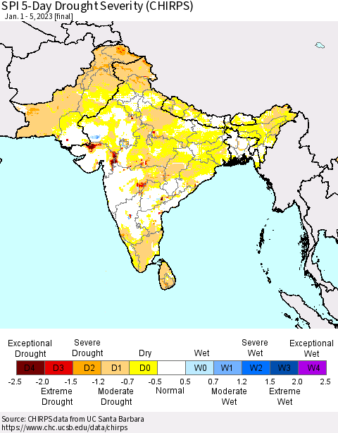 Southern Asia SPI 5-Day Drought Severity (CHIRPS) Thematic Map For 1/1/2023 - 1/5/2023