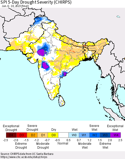 Southern Asia SPI 5-Day Drought Severity (CHIRPS) Thematic Map For 1/6/2023 - 1/10/2023