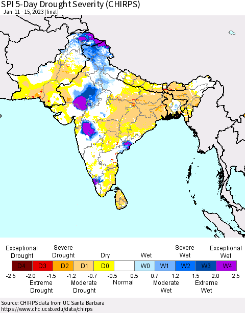 Southern Asia SPI 5-Day Drought Severity (CHIRPS) Thematic Map For 1/11/2023 - 1/15/2023