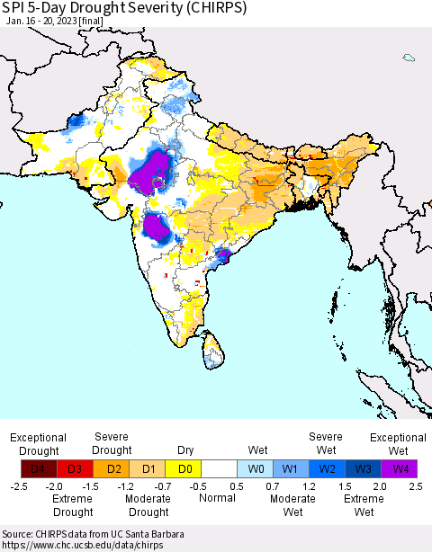 Southern Asia SPI 5-Day Drought Severity (CHIRPS) Thematic Map For 1/16/2023 - 1/20/2023