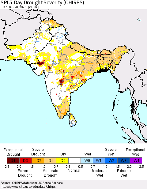 Southern Asia SPI 5-Day Drought Severity (CHIRPS) Thematic Map For 1/16/2023 - 1/20/2023