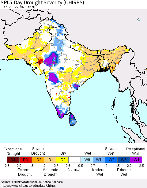 Southern Asia SPI 5-Day Drought Severity (CHIRPS) Thematic Map For 1/21/2023 - 1/25/2023