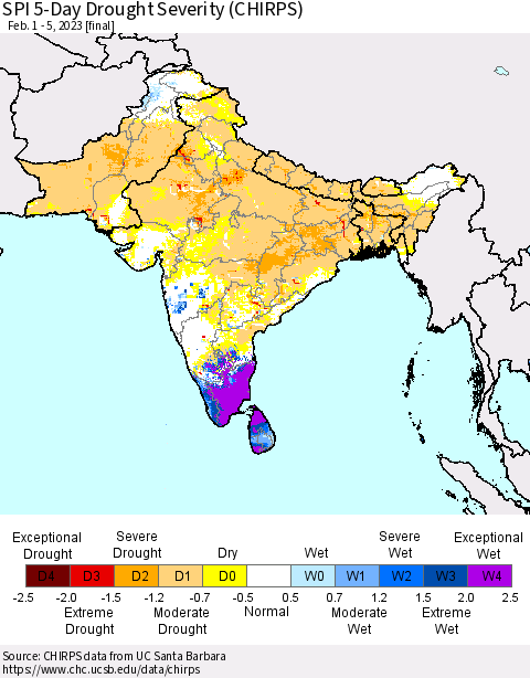 Southern Asia SPI 5-Day Drought Severity (CHIRPS) Thematic Map For 2/1/2023 - 2/5/2023