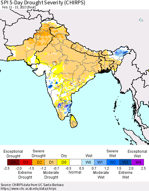 Southern Asia SPI 5-Day Drought Severity (CHIRPS) Thematic Map For 2/11/2023 - 2/15/2023