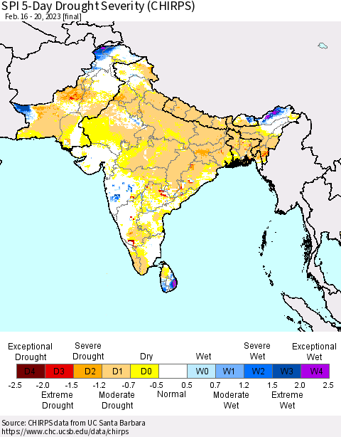 Southern Asia SPI 5-Day Drought Severity (CHIRPS) Thematic Map For 2/16/2023 - 2/20/2023