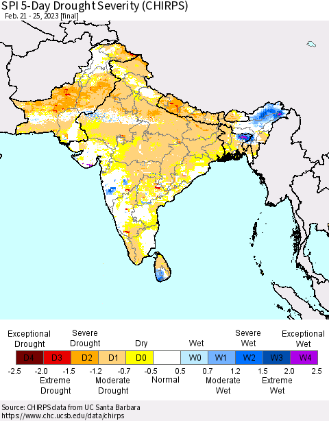 Southern Asia SPI 5-Day Drought Severity (CHIRPS) Thematic Map For 2/21/2023 - 2/25/2023