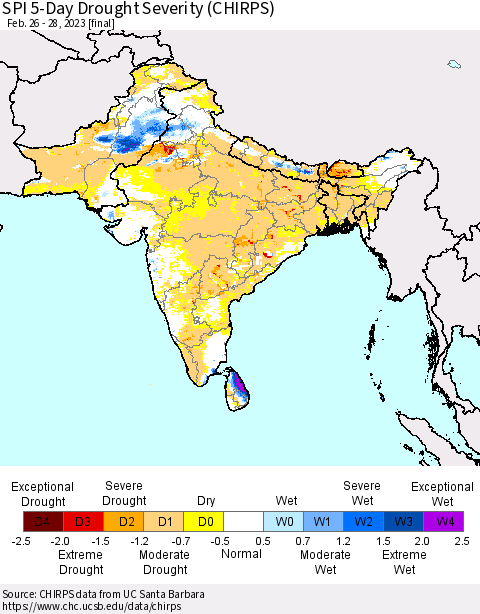 Southern Asia SPI 5-Day Drought Severity (CHIRPS) Thematic Map For 2/26/2023 - 2/28/2023