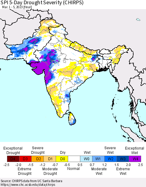 Southern Asia SPI 5-Day Drought Severity (CHIRPS) Thematic Map For 3/1/2023 - 3/5/2023