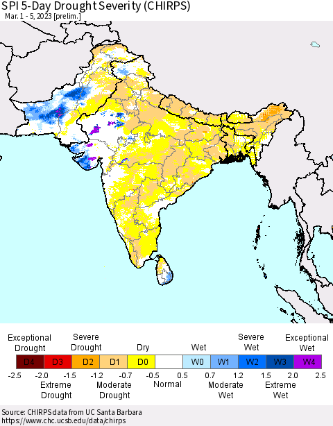 Southern Asia SPI 5-Day Drought Severity (CHIRPS) Thematic Map For 3/1/2023 - 3/5/2023