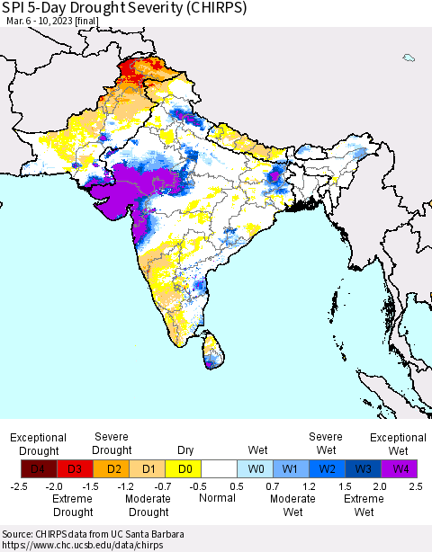 Southern Asia SPI 5-Day Drought Severity (CHIRPS) Thematic Map For 3/6/2023 - 3/10/2023