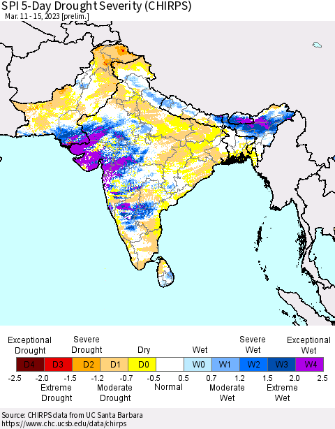 Southern Asia SPI 5-Day Drought Severity (CHIRPS) Thematic Map For 3/11/2023 - 3/15/2023