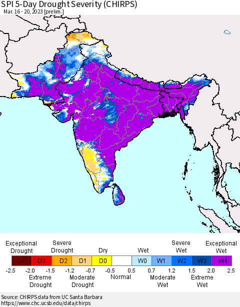Southern Asia SPI 5-Day Drought Severity (CHIRPS) Thematic Map For 3/16/2023 - 3/20/2023