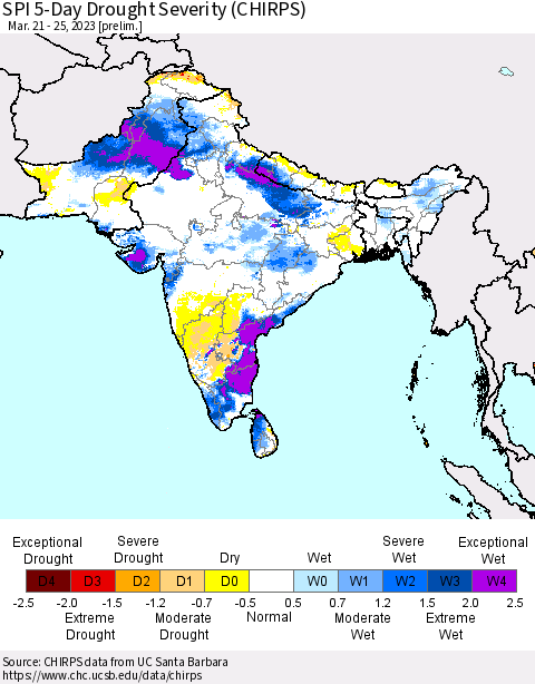 Southern Asia SPI 5-Day Drought Severity (CHIRPS) Thematic Map For 3/21/2023 - 3/25/2023