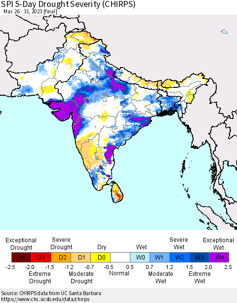Southern Asia SPI 5-Day Drought Severity (CHIRPS) Thematic Map For 3/26/2023 - 3/31/2023