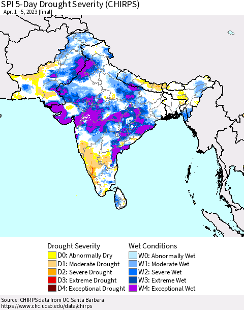 Southern Asia SPI 5-Day Drought Severity (CHIRPS) Thematic Map For 4/1/2023 - 4/5/2023