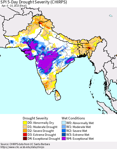 Southern Asia SPI 5-Day Drought Severity (CHIRPS) Thematic Map For 4/6/2023 - 4/10/2023