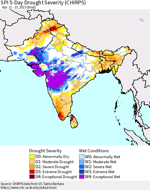 Southern Asia SPI 5-Day Drought Severity (CHIRPS) Thematic Map For 4/11/2023 - 4/15/2023