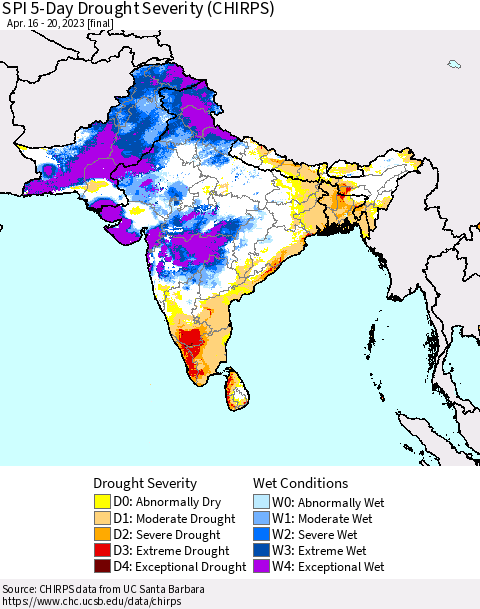 Southern Asia SPI 5-Day Drought Severity (CHIRPS) Thematic Map For 4/16/2023 - 4/20/2023