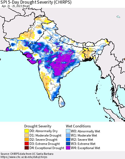 Southern Asia SPI 5-Day Drought Severity (CHIRPS) Thematic Map For 4/21/2023 - 4/25/2023
