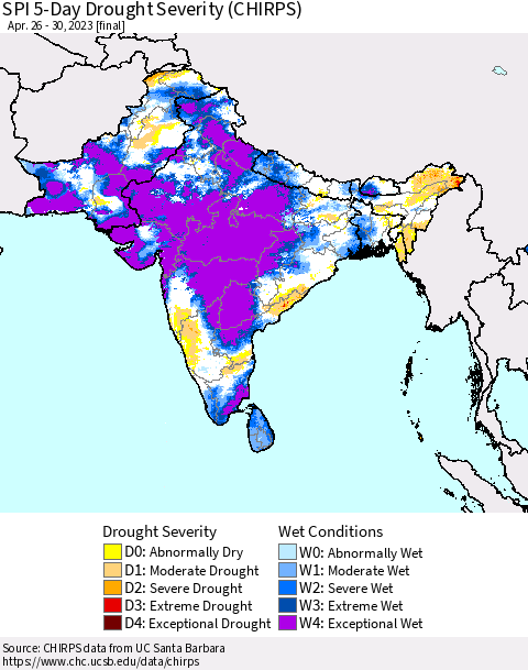 Southern Asia SPI 5-Day Drought Severity (CHIRPS) Thematic Map For 4/26/2023 - 4/30/2023