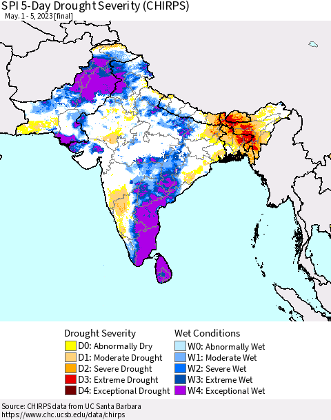 Southern Asia SPI 5-Day Drought Severity (CHIRPS) Thematic Map For 5/1/2023 - 5/5/2023