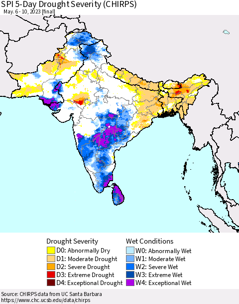 Southern Asia SPI 5-Day Drought Severity (CHIRPS) Thematic Map For 5/6/2023 - 5/10/2023