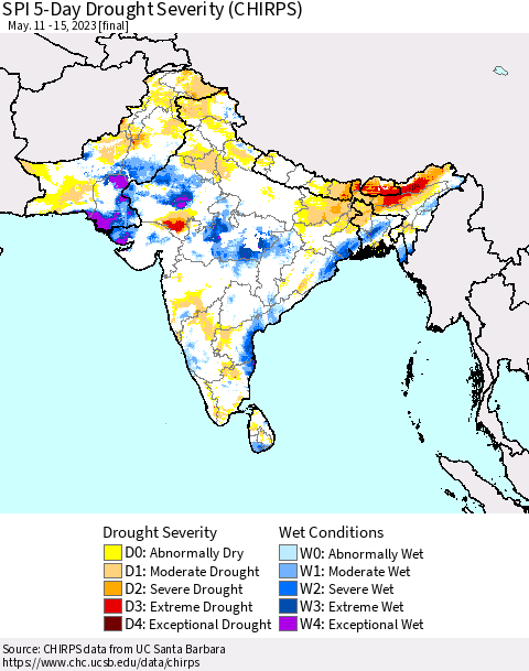 Southern Asia SPI 5-Day Drought Severity (CHIRPS) Thematic Map For 5/11/2023 - 5/15/2023