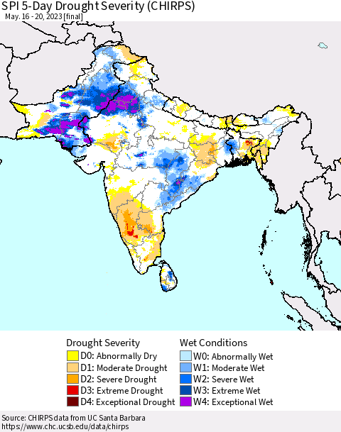 Southern Asia SPI 5-Day Drought Severity (CHIRPS) Thematic Map For 5/16/2023 - 5/20/2023